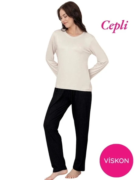 Kadın Bisiklet Yaka Düğmesiz Viskon Mevsimlik Uzun Kol Cepli Pijama Takımı - 7