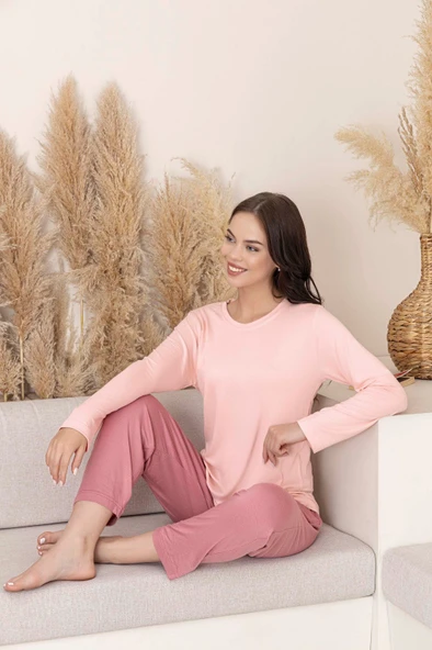 Kadın Bisiklet Yaka Düğmesiz Viskon Mevsimlik Uzun Kol Cepli Pijama Takımı - 8