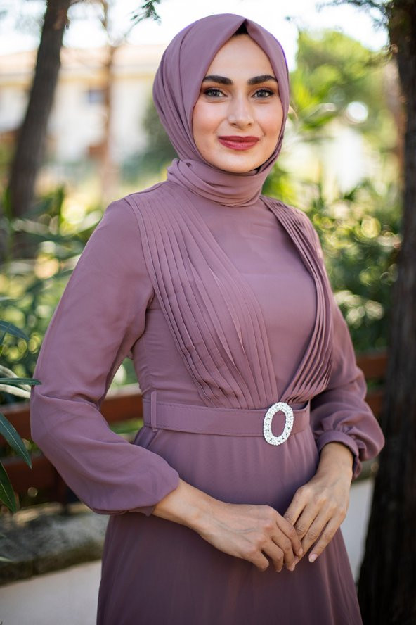 Taş Kemerli Drapeli Tesettür Abiye Elbise - Vizon - 2