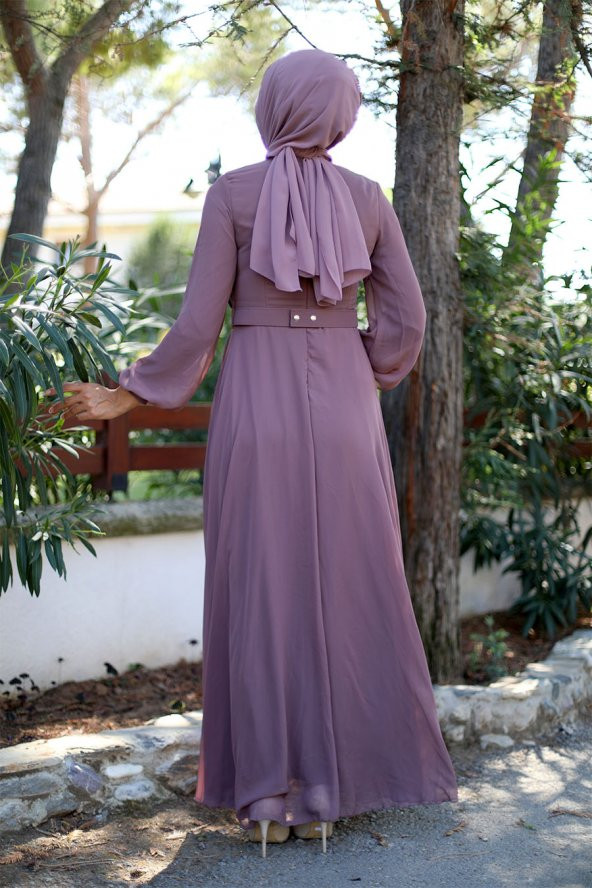 Taş Kemerli Drapeli Tesettür Abiye Elbise - Vizon - 3