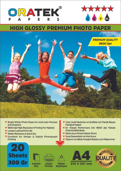 Oratek Epson 103 L3111 Fotoğraf Kağıdı A4 Premium Parlak Çift Taraflı 300 gr.20 Adet ürün görseli
