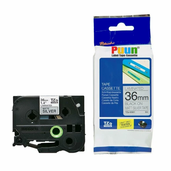 Puun Puun Brother P-Touch TZE-M961 36mm X 8m Mat Gümüş Üzerine Siyah Muadil Laminasyon Etiket Şeridi