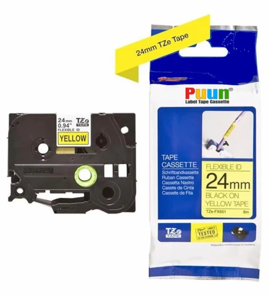 Puun Puun Brother P-Touch TZE-FX651 24mm X 8m Sarı Üzerine Siyah Esnek Muadil Laminasyon Etiket Şeridi
