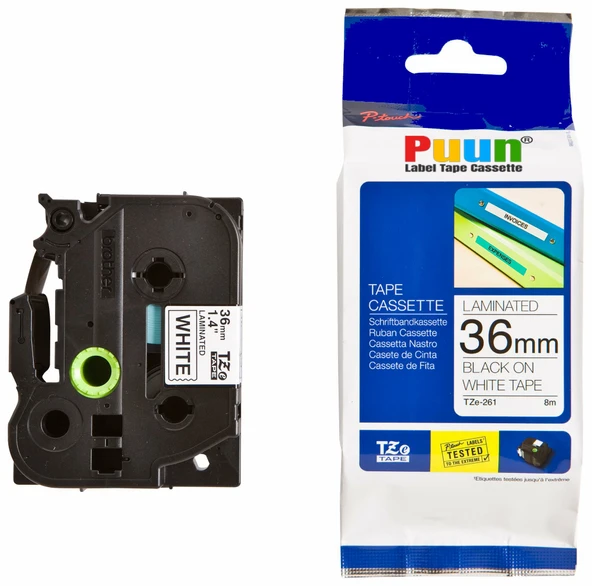 Puun Puun Brother P-Touch TZE-261 36mm X 8m Beyaz Üzerine Siyah Muadil Laminasyon Etiket Şeridi