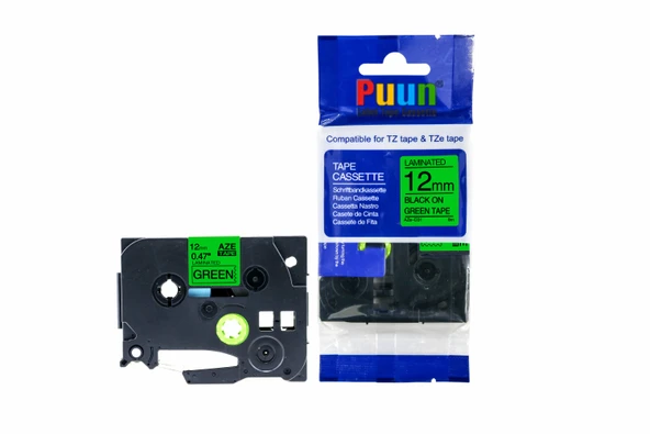 Puun Puun Brother P-Touch TZE-D31 12mm X 8m Fosforlu Yeşil Green Üzerine Siyah Muadil Laminasyon Etiket Şeridi