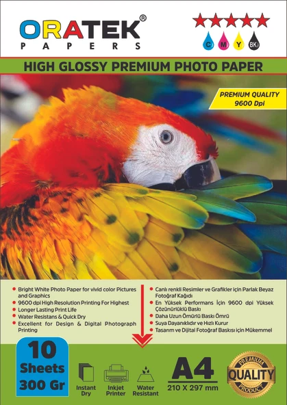 Oratek Epson 103 L6160 Fotoğraf Kağıdı A4 Premium Parlak Çift Taraflı 300 gr.10 Adet - 1