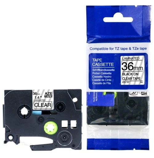 puun Brother P-Touch TZE-161 36 MM x 8m Şeffaf Üzerine Siyah Muadil Laminasyon Etiket Şeridi