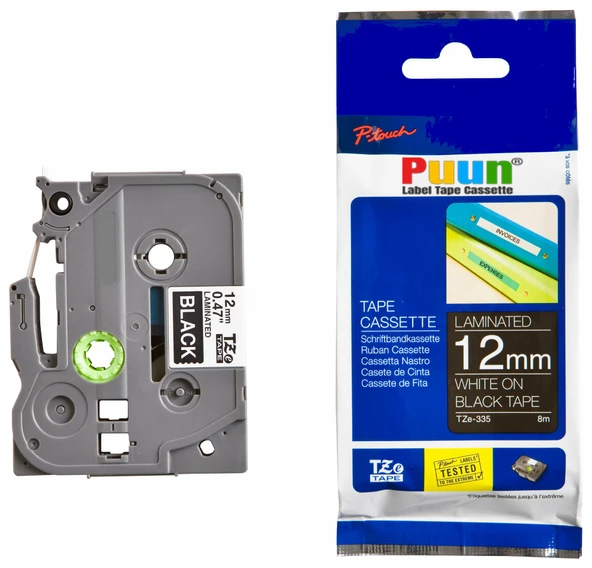 Puun Puun Brother P-Touch TZE-335 12mm X 8m Siyah Üzerine Beyaz  Muadil Laminasyon Etiket Şeridi - 1