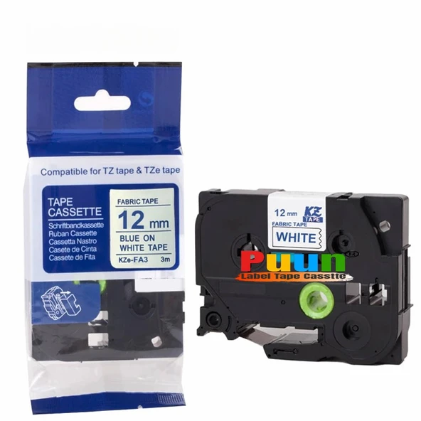 Puun Brother P-Touch TZE-FA3 KUMAS ETIKETI BEYAZ ÜZERINE MAVI (12mm x 3m) (Ütü ile Yapişan Kumaş)