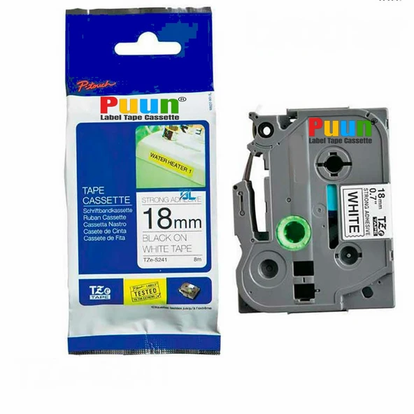 Puun Puun Brother P-Touch TZE-S241 18mm X 8m Güçlü Yapışkanlı Beyaz Üzerine Siyah Muadil Laminasyon Etiket Şeridi