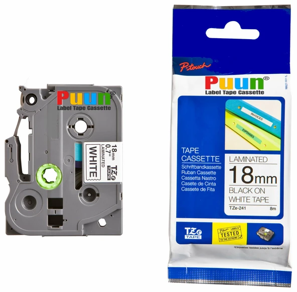 Puun Puun Brother P-Touch TZE-241 18mm X 8m Beyaz Üzerine Siyah Muadil Laminasyon Etiket Şeridi