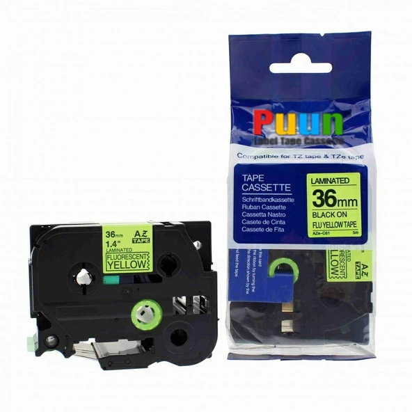 Puun Puun Brother P-Touch TZE-C61 36mm X 8m Fosforlu Sarı Yellow Üzerine Siyah Muadil Laminasyon Etiket Şeridi