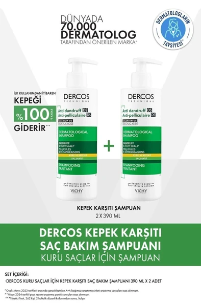 Vichy Dercos Kepeğe Karşı Etkili Bakım Kuru Saç Derisi Şampuanı 390 X 2 ürün görseli