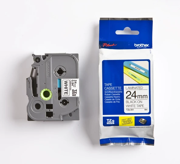 Xplus Brother tze-251 24mm X 8m Beyaz Üzerine Siyah ORİJİNAL Laminasyon Etiket Şeridi