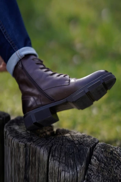 Fermuar Detaylı Deri Bağcıklı Askeri Postal - 3