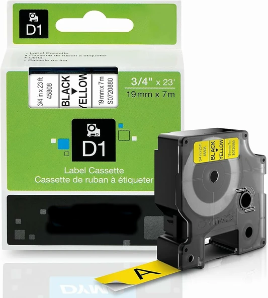 Puun Dymo D1 45808 S0720880 19 mm X 7 Mt. Muadil Sarı Etikete Siyah Yazı Şerit Etiket Kaseti