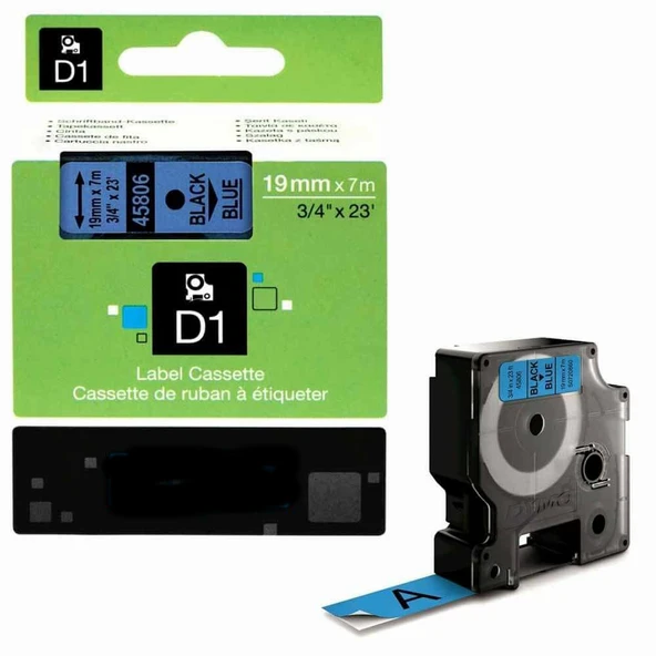 Puun Dymo D1 45806 S0720860 19mm X 7 Mt. Muadil Mavi Etikete Siyah Yazı Şerit Etiket Kaseti