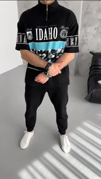 Unisex Baskılı Yarım Fermuarlı T-Shirt - Siyah - Resim 2