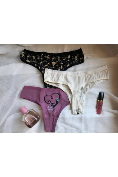 İNSPİRA Pamuklu Elastan Kadın Tanga Külot 3’lü Paket String Kedi Desenli - 6