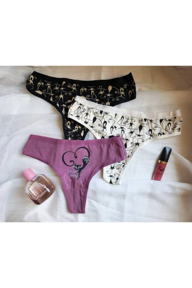 İNSPİRA Pamuklu Elastan Kadın Tanga Külot 3’lü Paket String Kedi Desenli - 5
