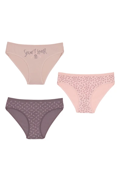 İNSPİRA Pamuklu Elastan Kadın Külot 3’lü Paket Klasik Kesim Penye Kilit Anahtar Desenli