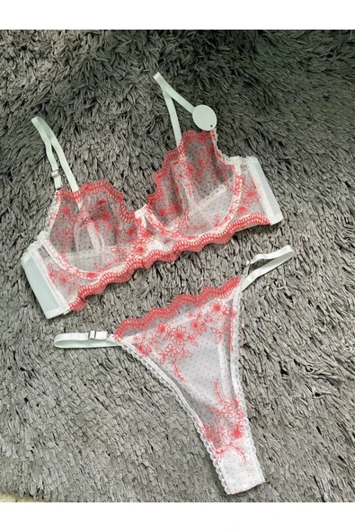 İNSPİRA Dantelli Balenli Brode Sütyen Külot Takım Kırmızı Çiçek Desenli Tanga - 5