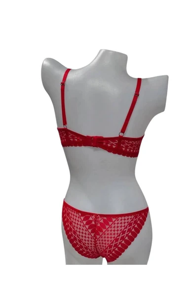 İNSPİRA Dantel Işlemeli Kırmızı Dolgulu Balenli Destekli Sütyen Külot Iç Çamaşır Takımı Push Up - 4