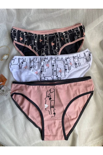 İNSPİRA Pamuklu Elastan Kadın 3’lü Paket Yüz Desenli Klasik Külot - 5