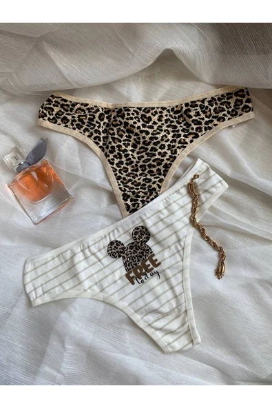İNSPİRA Pamuklu Elastan Kadın Külot Tanga 2'li Paket Leopar Fare Desenli String Model - 4