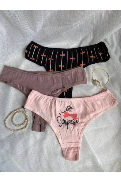 İNSPİRA Pamuklu Elastan Kadın Külot Tanga 3'lü Paket Kurdele Desenli - 5