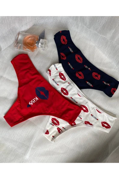 İNSPİRA Pamuk Elastin Karışımı Kadın Külot Tanga 3 Lü Paket Kırmızı Beyaz Lacivert Öpücük Kiss String - 5