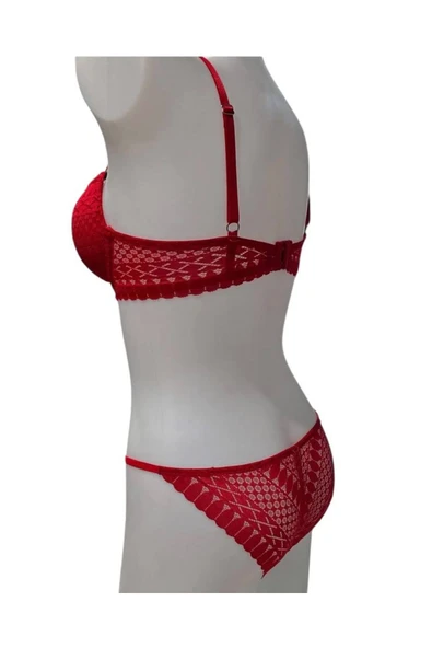 İNSPİRA Dantel Işlemeli Kırmızı Dolgulu Balenli Destekli Sütyen Külot Iç Çamaşır Takımı Push Up - 6