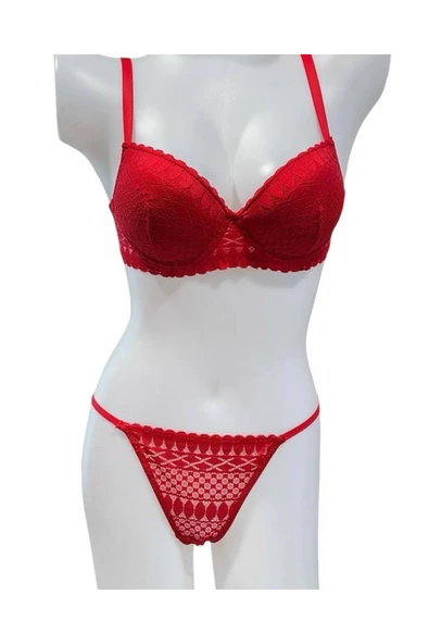 İNSPİRA Dantel Işlemeli Kırmızı Dolgulu Balenli Destekli Sütyen Külot Iç Çamaşır Takımı Push Up
