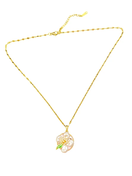 Altın Kaplama Çelik Çiçek Tasarım Model İnci Detaylı Sanat Kolye - Zarif ve Şık Kadın Takı ürün görseli 1