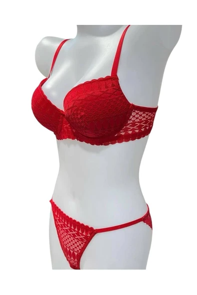 İNSPİRA Dantel Işlemeli Kırmızı Dolgulu Balenli Destekli Sütyen Külot Iç Çamaşır Takımı Push Up - 2