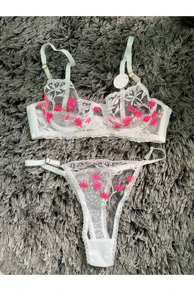 İNSPİRA Dantelli Brode Takım Çiçekli Desenli Sütyen Tanga Takım - 5