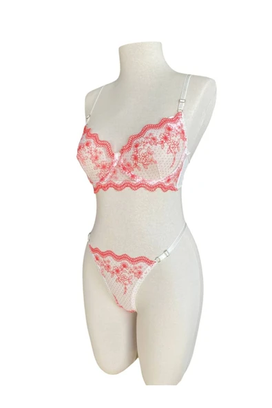 İNSPİRA Dantelli Balenli Brode Sütyen Külot Takım Kırmızı Çiçek Desenli Tanga - 2