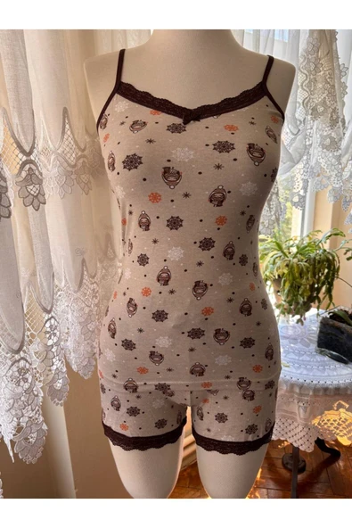 İNSPİRA İnce Askılı Şortlu Pamuklu Pijama Takımı Dantel Detaylı