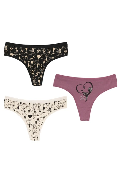 İNSPİRA Pamuklu Elastan Kadın Tanga Külot 3’lü Paket String Kedi Desenli