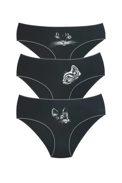 İNSPİRA Büyük Beden Külot Siyah Renk Kedi Desenli 3 Lü Paket Pamuklu Yüksek Bel