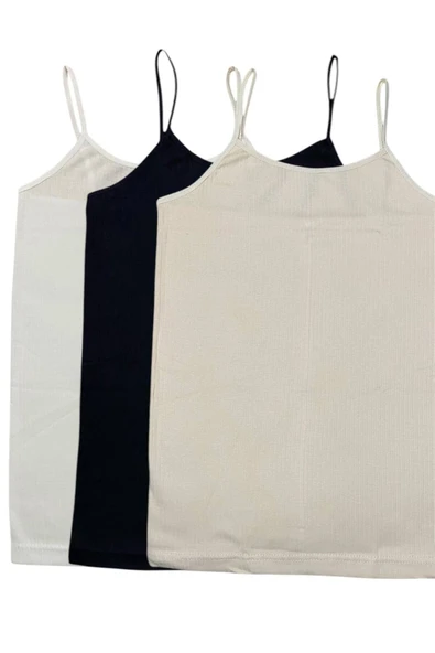 İNSPİRA İp Askılı Fitilli Pamuklu Likralı Penye Kadın Atlet Ribana Kumaş 3'Lü Paket