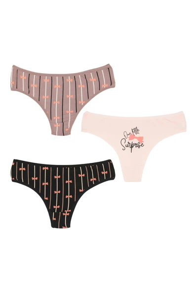 İNSPİRA Pamuklu Elastan Kadın Külot Tanga 3'lü Paket Kurdele Desenli