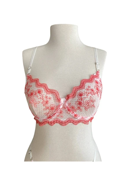 İNSPİRA Dantelli Balenli Brode Sütyen Külot Takım Kırmızı Çiçek Desenli Tanga - 3