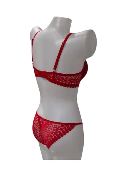 İNSPİRA Dantel Işlemeli Kırmızı Dolgulu Balenli Destekli Sütyen Külot Iç Çamaşır Takımı Push Up - 5