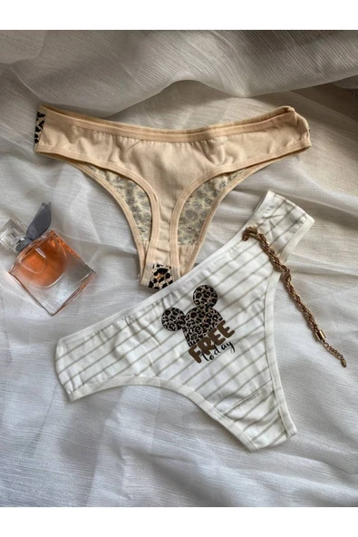 İNSPİRA Pamuklu Elastan Kadın Külot Tanga 2'li Paket Leopar Fare Desenli String Model - 5