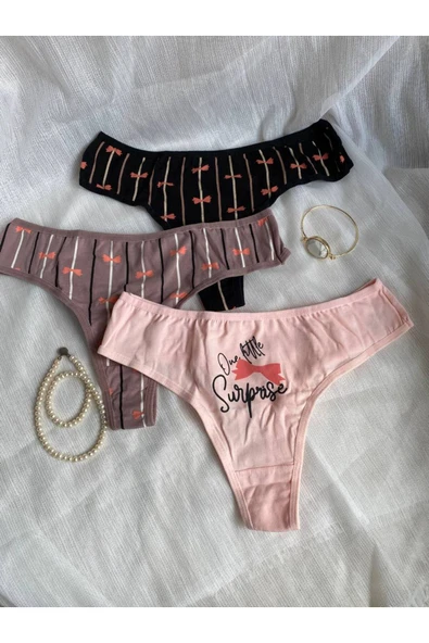 İNSPİRA Pamuklu Elastan Kadın Külot Tanga 3'lü Paket Kurdele Desenli - 6