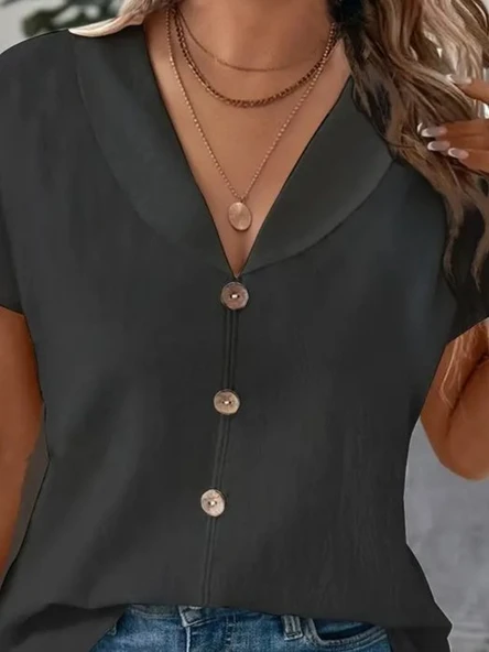 Kadın Kısa Kollu Derin V Yakalı Düğmeli Ithal Keten Bluz - Resim 2