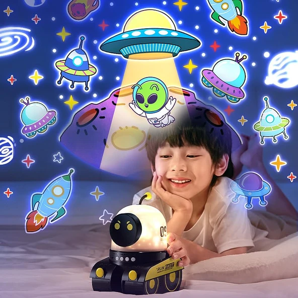 Çeşithane Karikatür Robot Projeksiyon Lambası – Taşınabilir, Şarj Edilebilir, 360° Döner Başucu Gece Lambası, Tatil & Çocuk Hediyesi - 5