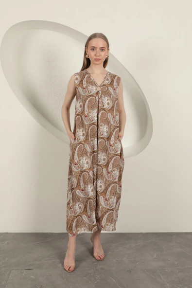 Viskon Kumaş Etnik Desenli Elbise-Bej ürün görseli