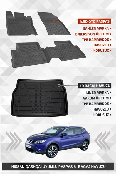 Sahler Nıssan Qashqai Visia 2014-2021 Uyumlu 4.5D Premium Havuzlu Oto Paspas ve Liner Marka 3D Bagaj Havuzu ürün görseli
